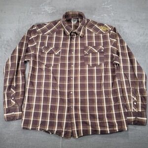 Southpole Premium Y2K Mens 3XL Plaid Western Shirt‎ Long Sleeve Pearl Snap Brown